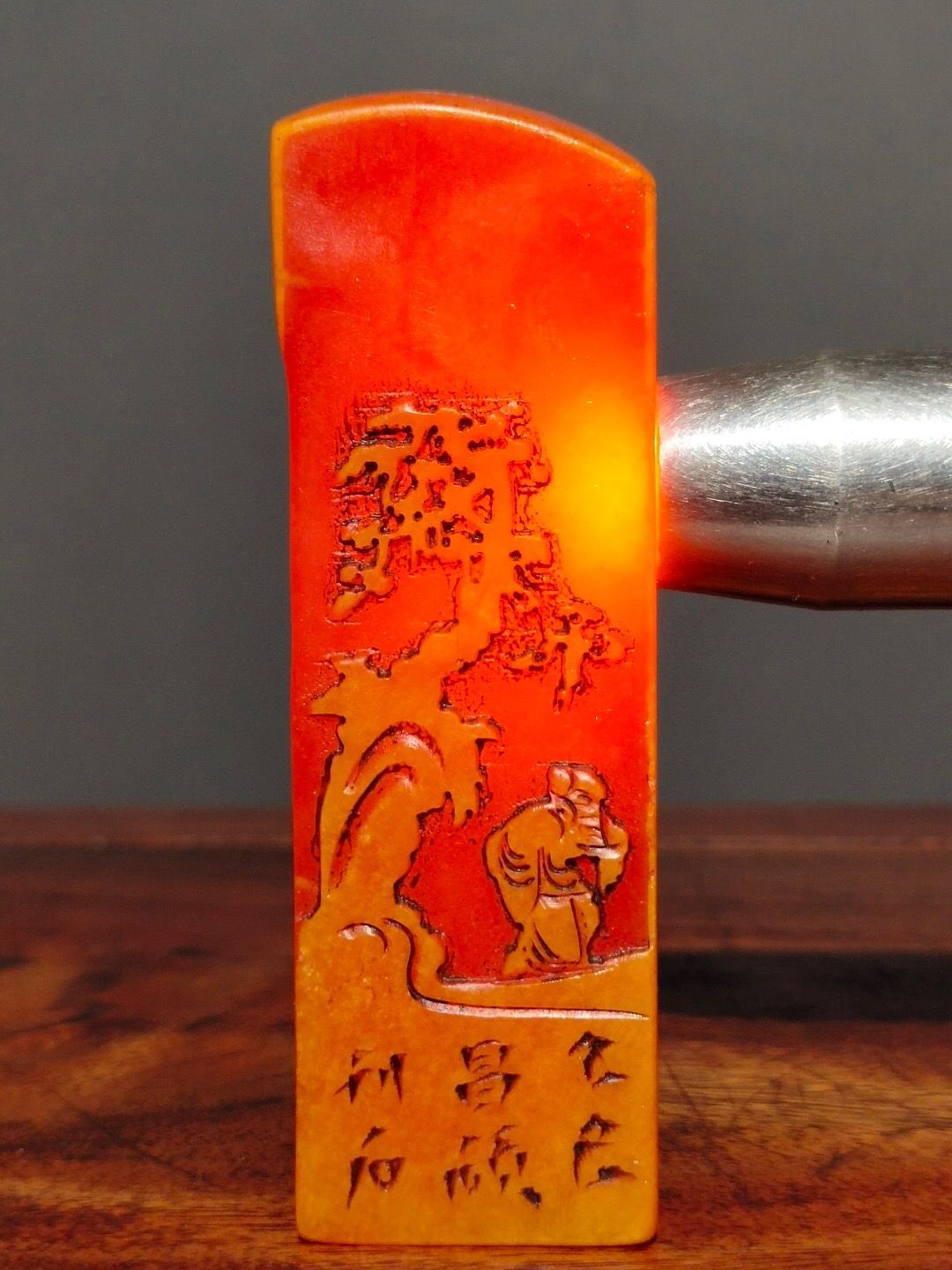 旧家蔵出し 寿山石 紅田黄石彫 松下老人紋印章 箱付 印鑒 書道品