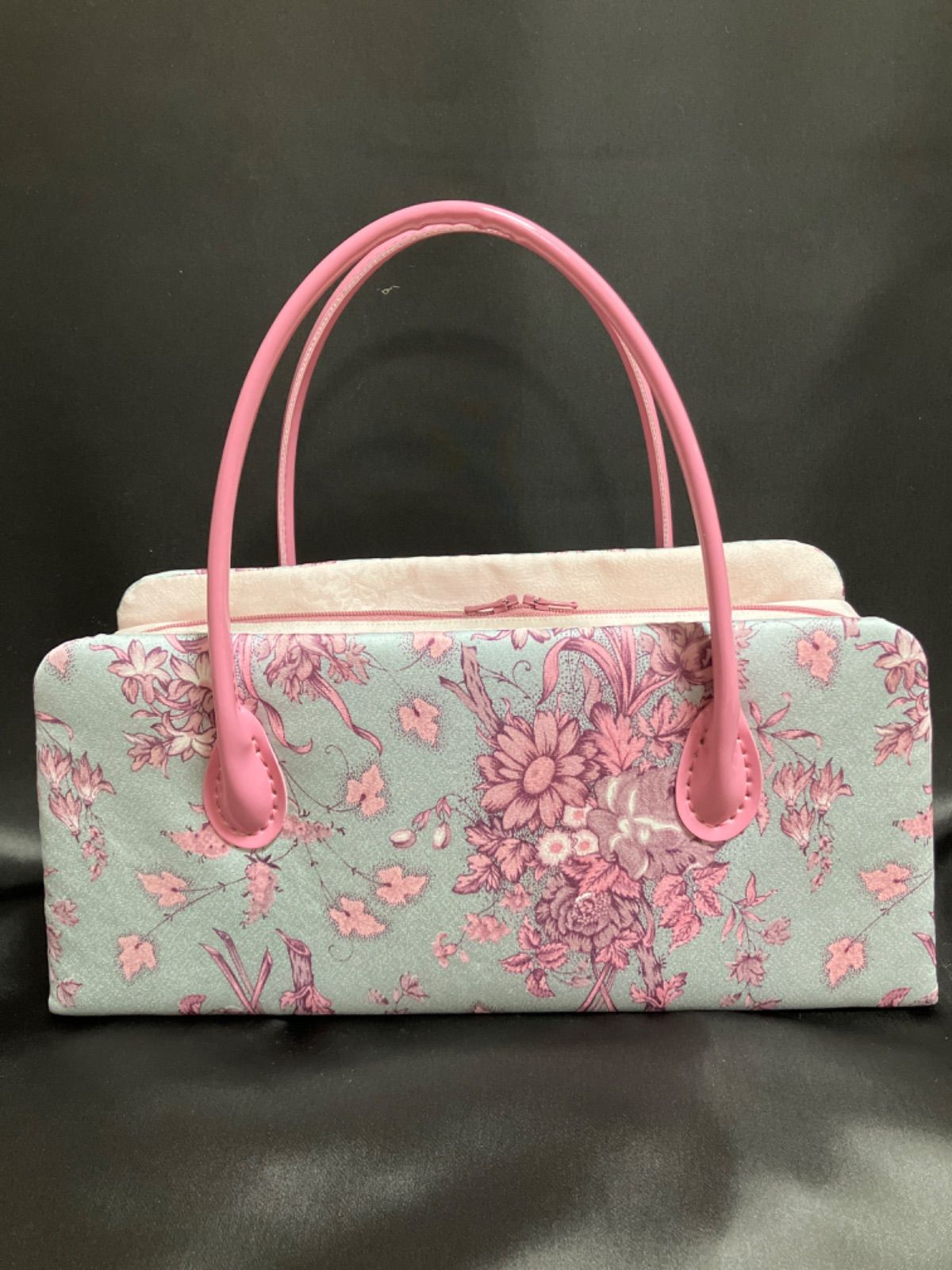 着物リメイク利休バック ハンドメイド 水色花柄 横長タイプ