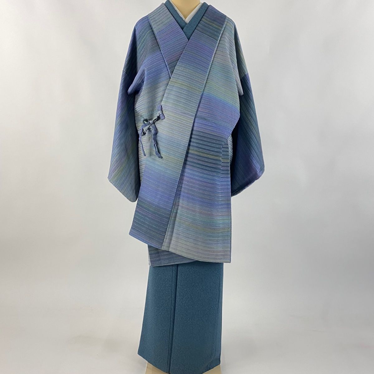 道中着 身丈109cm 裄丈66cm M 和装コート 横縞 ぼかし 青紫 正絹
