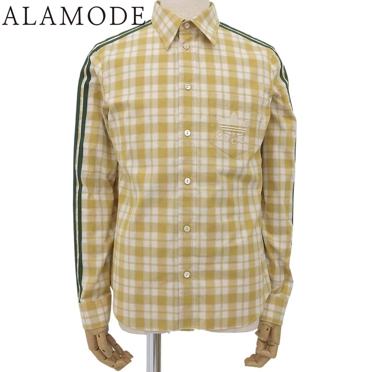 GUCCI グッチ アディダス コラボ チェックシャツ シャツ ブラウス アパレル トレフォイル GUCCI×adidas 39 15 ポリエステル イエロー黄 グリーン緑 ホワイト白 726087 メンズ 40802160236 アラモード