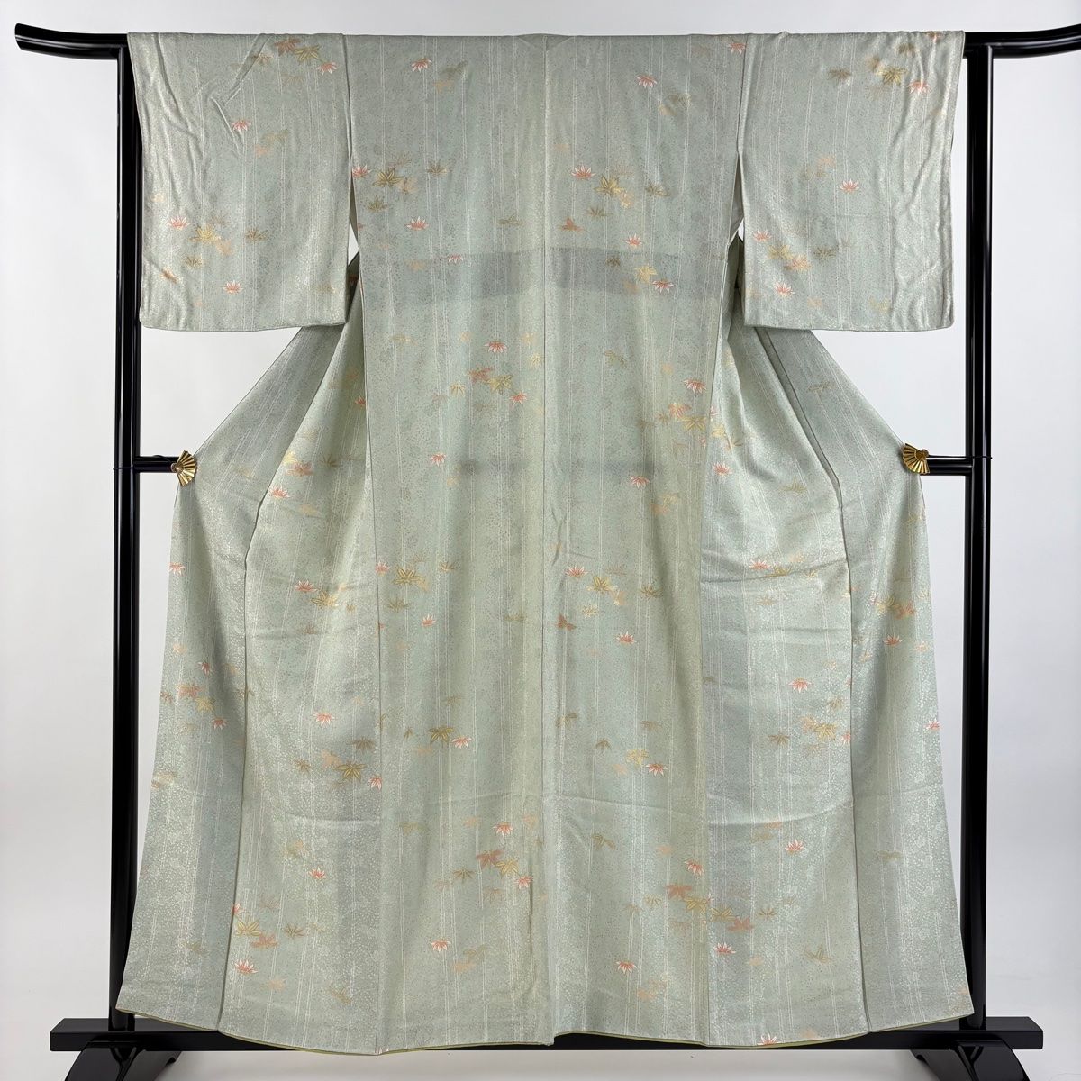 小紋 身丈157cm 裄丈63.5cm S 袷 竹縞 笹 金彩 薄緑 正絹 秀品