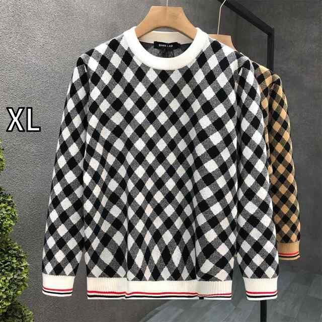 XL 秋冬 コーデ メンズ 服 シンプル ファッション オシャレ 大人 かっこいい 大きいサイズ ストリート 紳士服 チェック柄 セーター ラウンドネック 暖かい インナー トップス