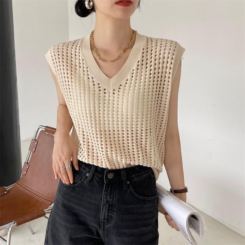 メッシュニット 透かし彫り Vネック インナー付き レディース 重ね着 フレンチスリーブ Tシャツ 通気性 シアース 送料無料】メッシュニットベスト 透かし彫り Vネック インナー