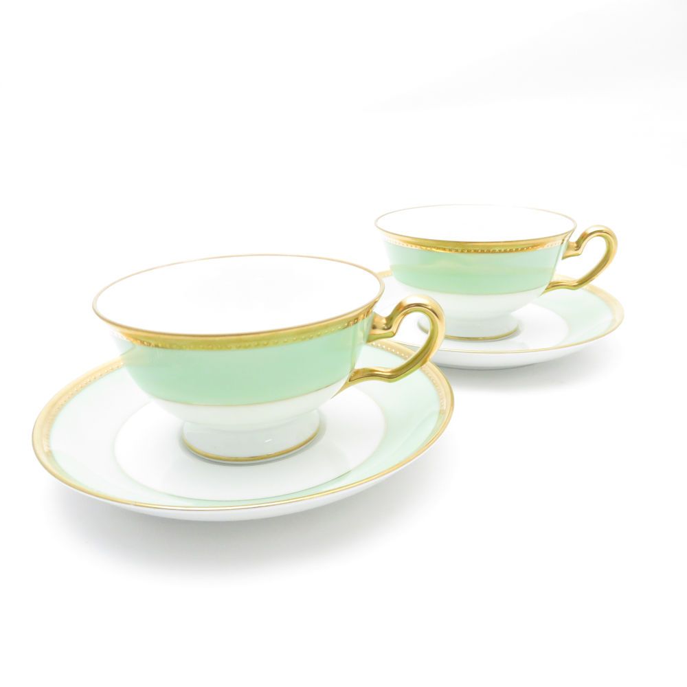 美品 OKURA 大倉陶園 1595 メイグリーン カップ＆ソーサー 2客 ペア 碗