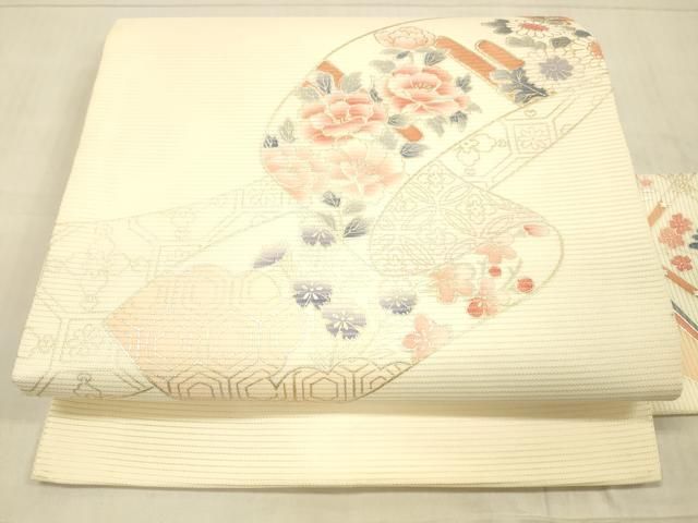 【着物と帯 時流】N241156◆正絹 九寸名古屋帯◆フグ 野菜 ベージュ 平和屋着物＊夏物 九寸名古屋帯 草花文 金糸 正絹 逸品 DAAW1777cm