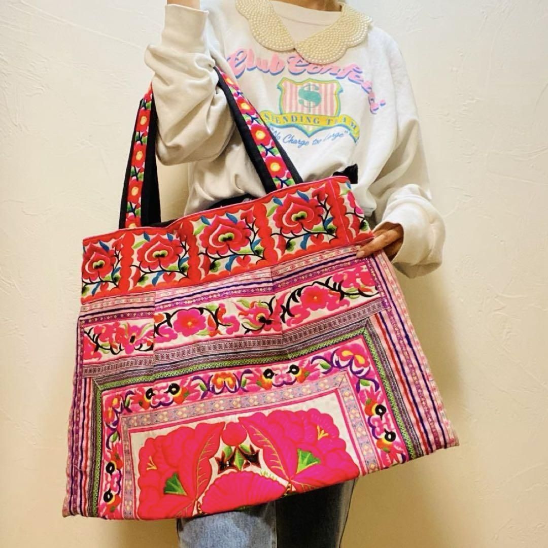 新品☆カラフル花柄刺繍トートバッグ ビッグサイズ ハンドメイド タイ 