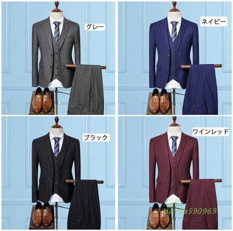 メンズスーツ スリム ストレッチ フォーマル 2つボタン 3点セット M XL 2XL ネイビー グレー L ワインレッド 3XL ブラック長袖 S pai5a590969