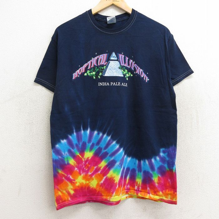 L/古着 半袖 ビンテージ Tシャツ メンズ 00s HOSPITAL ILLUSION ビール コットン クルーネック 紺他 ネイビー タイダイ 24jun15 中古