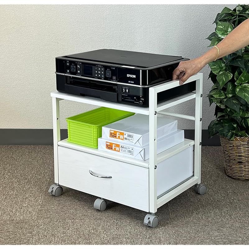 PJC-7002-WH 引出し付き プリンター台 プリンターワゴン プリンターラック キャスター付きデスクの下に収納 PJC-7002-WH 引出し付き プリンター台 プリンターワゴン プリンター