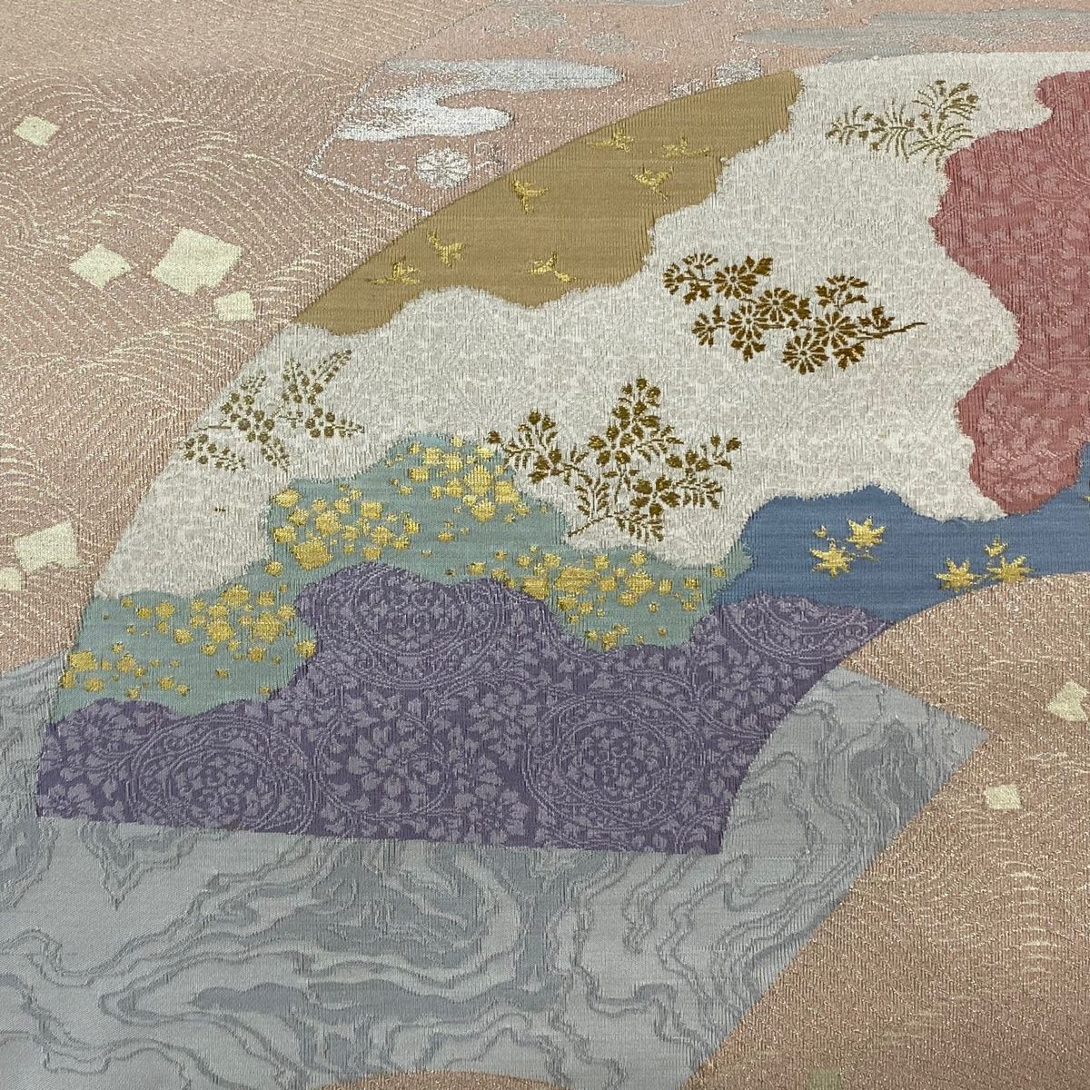 付け帯 秀品 作り帯 綴れ 扇面 波 金糸 箔 ピンク 正絹