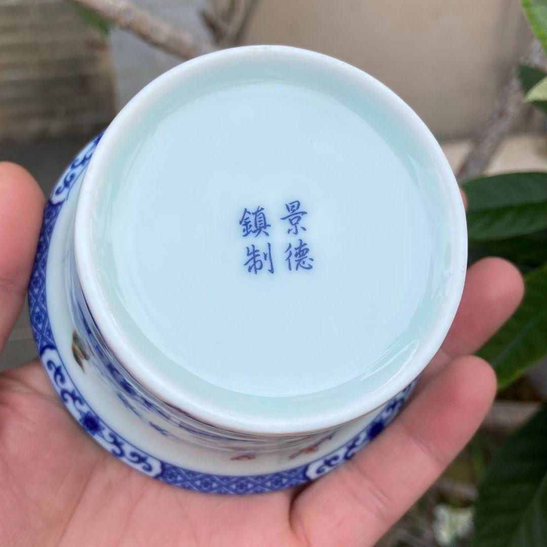 中国茶器 景徳鎮 陶磁器 青花馬蹄三才蓋碗 喜上眉梢 茶碗 煎茶器