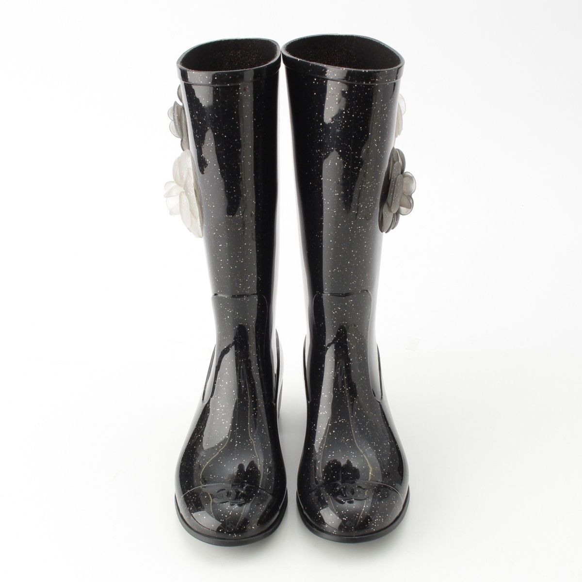 シャネル ラバー カメリア ラメ レインシューズ ブーツ ブラック 36