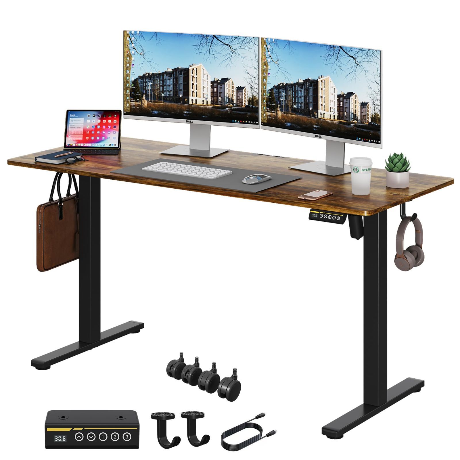 Gamork 電動スタンディングデスク 高さ調整70CM-118CM ゲーミングデスク メモリ機能|フック|ロック なキャスター サイレントモーター 勉強 ホームオフィス リモートオフィス 一人暮らしに最適 ラスティックブラウン 幅 140