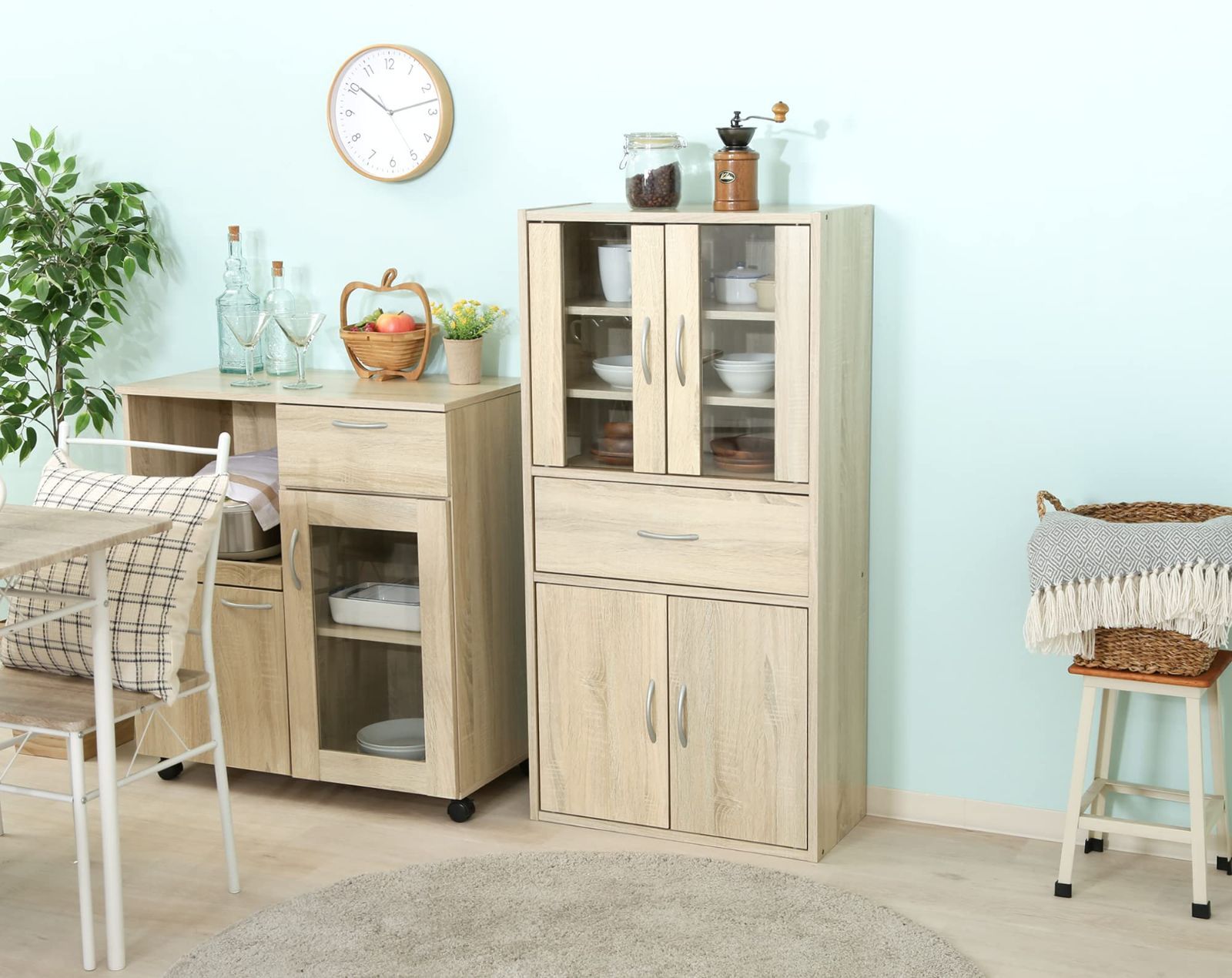 キッチンラック 数量限定】ガラス扉 キッチン収納 ホワイトオーク 組立商品 幅60×奥行29×