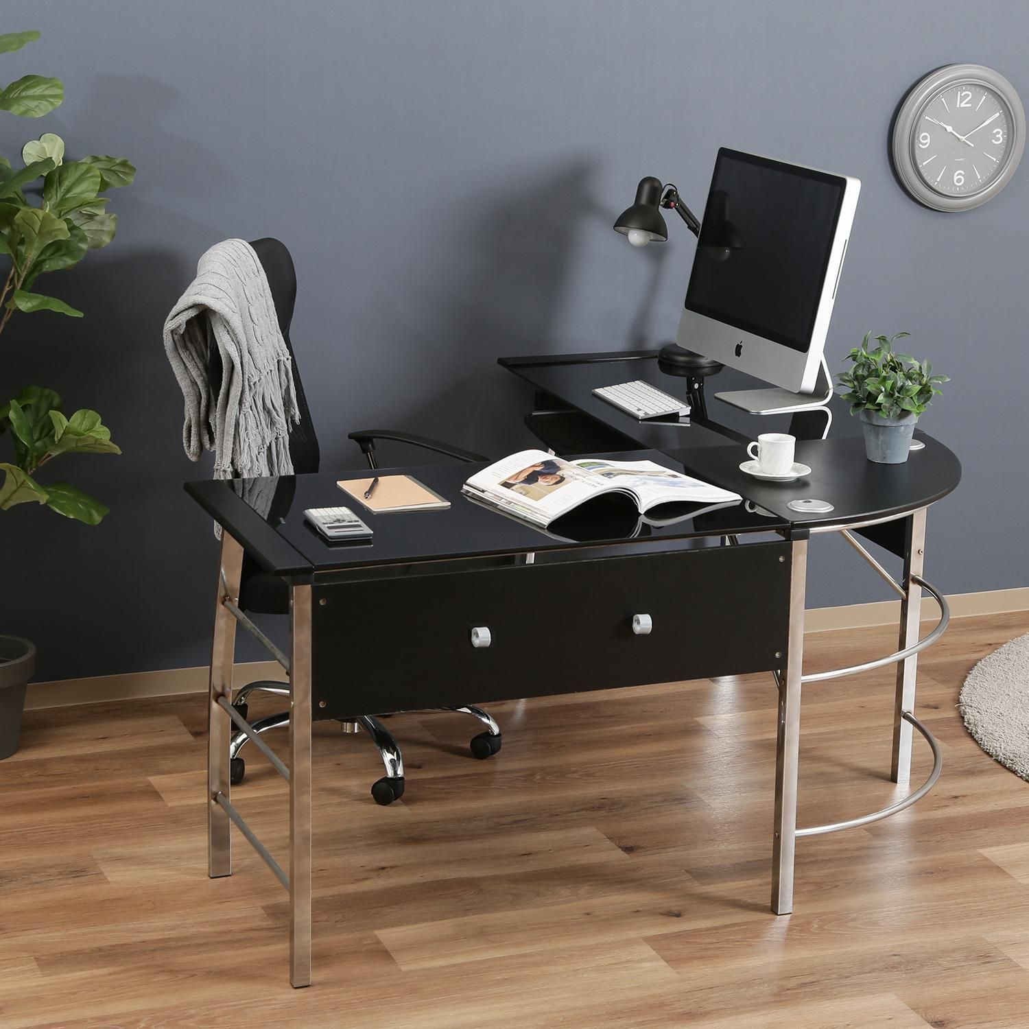 ガラス天板 L字型 パソコン ワークデスク ブラック 事務机 パソコンデスク リモートワーク テレワーク ゲーム デュアルディスプレー