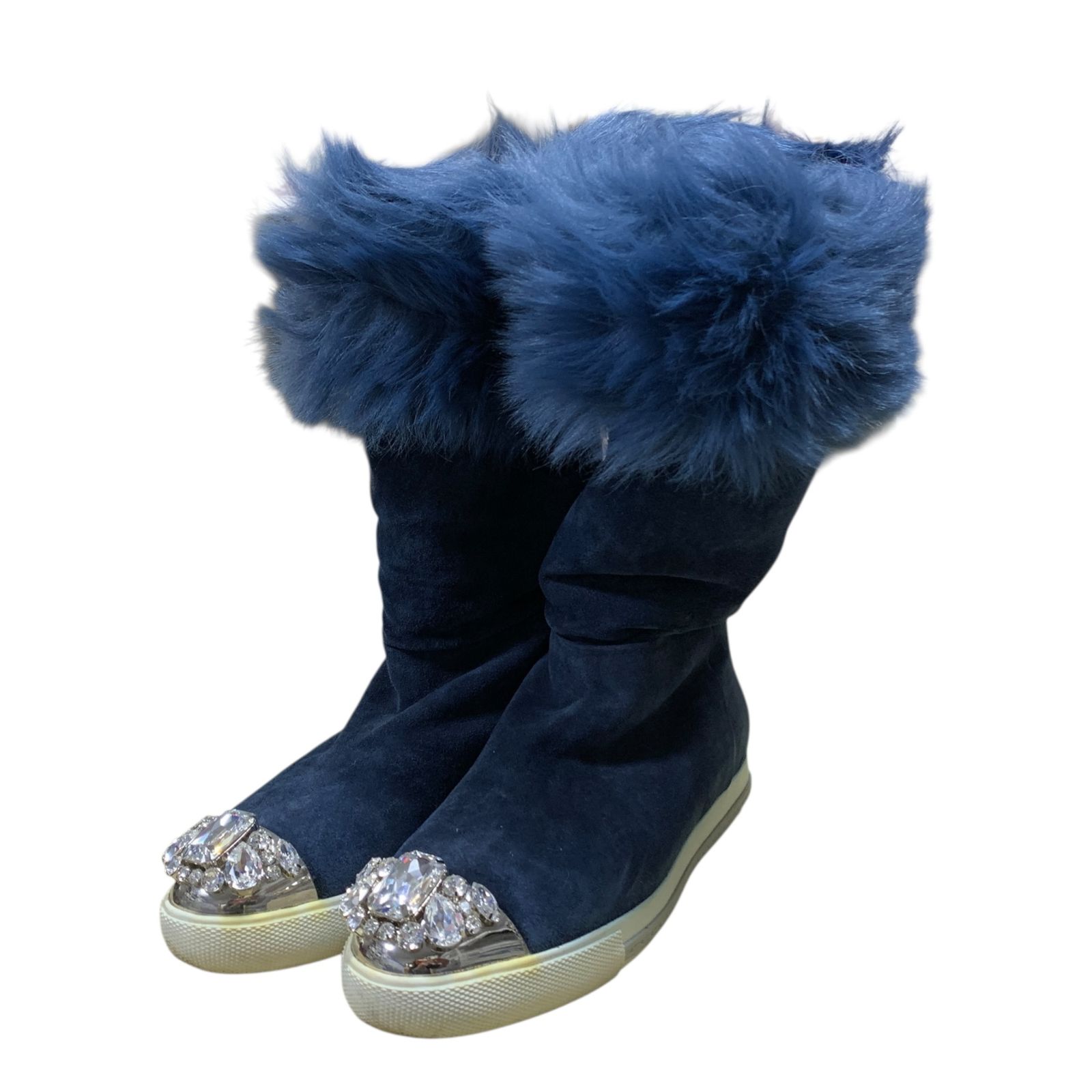 ◆ 品◆ MIU MIU ミュウミュウ ムートンファーロングブーツ ビジュー付き ネイビー 5W9461 サイズ 36 1|2 本体のみ V98547NC