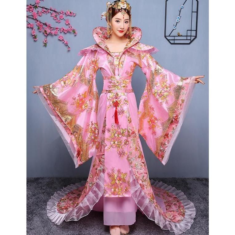 4色 漢唐時代中国風ウエディングドレス 中国古代宮廷衣装 振袖プリーツ引き裾ロング唐装漢服 スパンコール刺繍 な古典舞台衣装