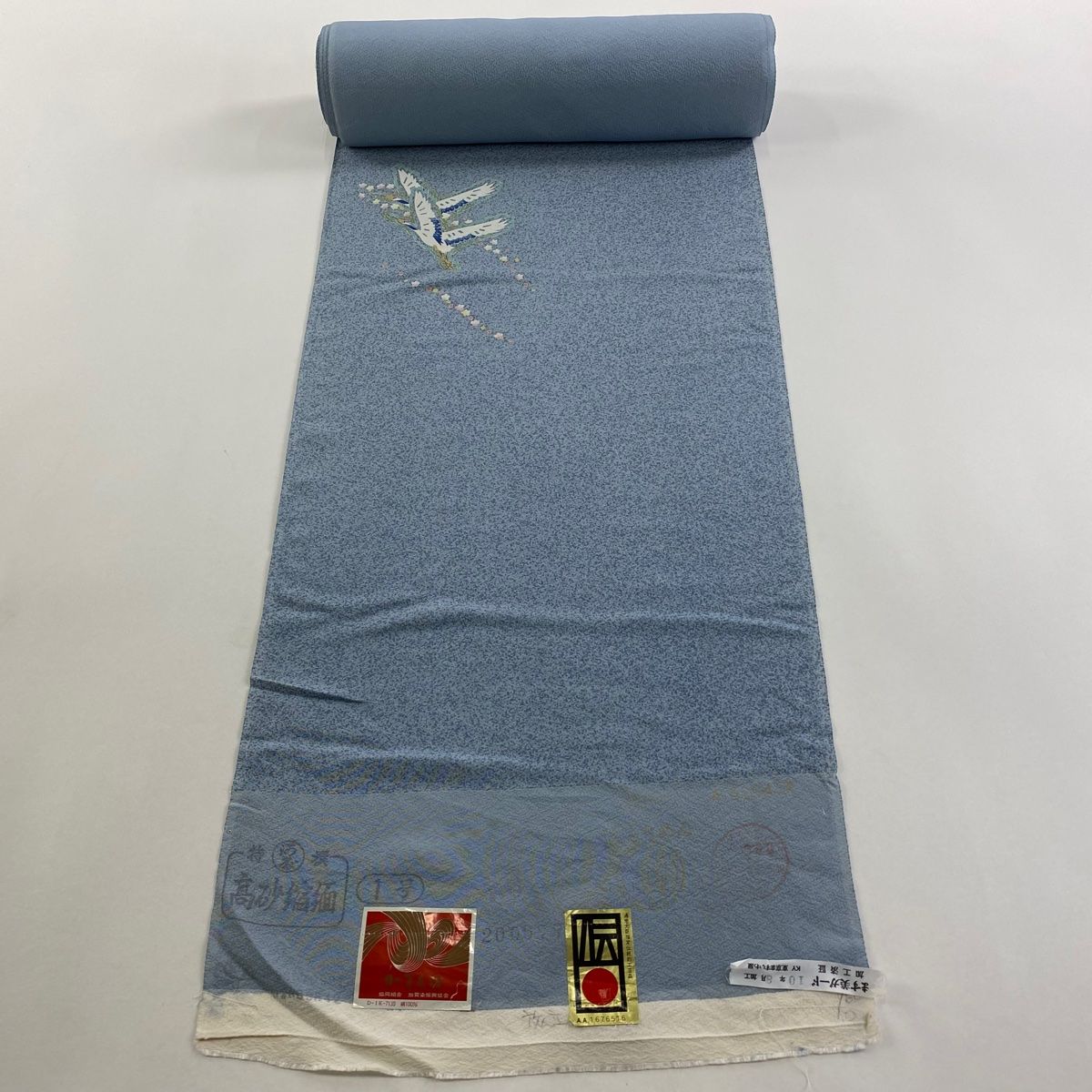 反物 付下げ 加賀友禅 証紙 鶴 梅 青灰色 正絹