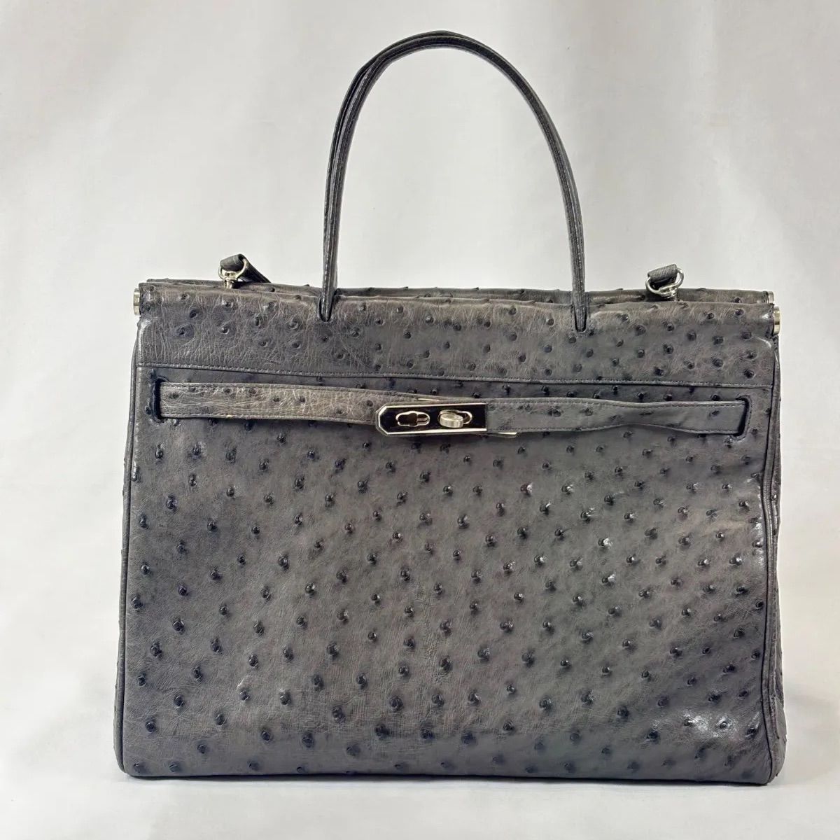 美品】オーストリッチ 2way ショルダーバッグ ハンドバッグ グレー 