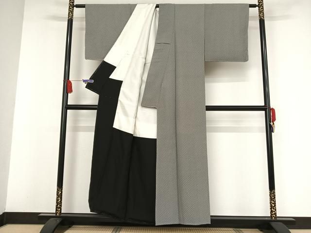 平和屋着物○上質な小紋 斜縞 黒地 正絹 逸品 未使用 AAAW4063np