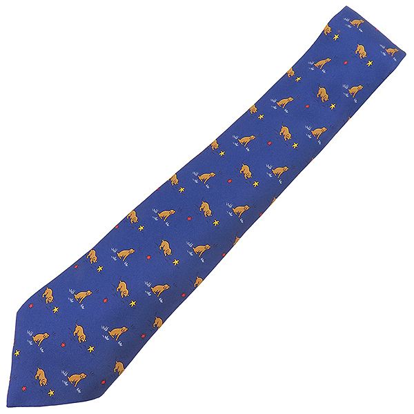 エルメス HERMES ネクタイ 9cm シルク ネイビー 犬 星 総柄 動物柄 箱