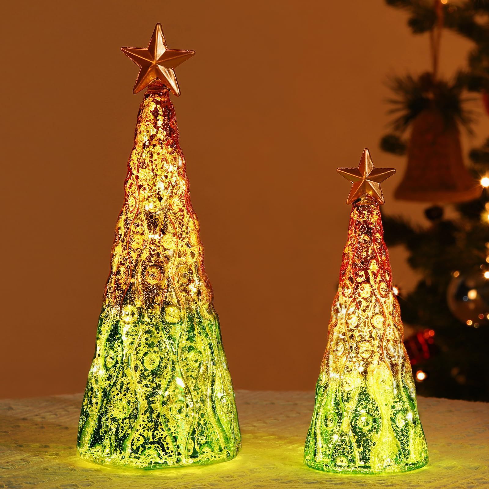 クリスマスツリーオブジェ LEDライト内蔵 ガラス製 電池式 