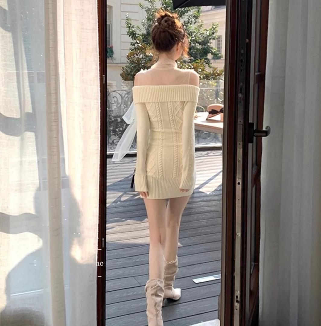 韓国♡愛される 綺麗め♡ チュール ドッキング リボン ニット ワンピース 上品 韓国♡愛される 綺麗め♡ チュール ドッキング リボン ニット