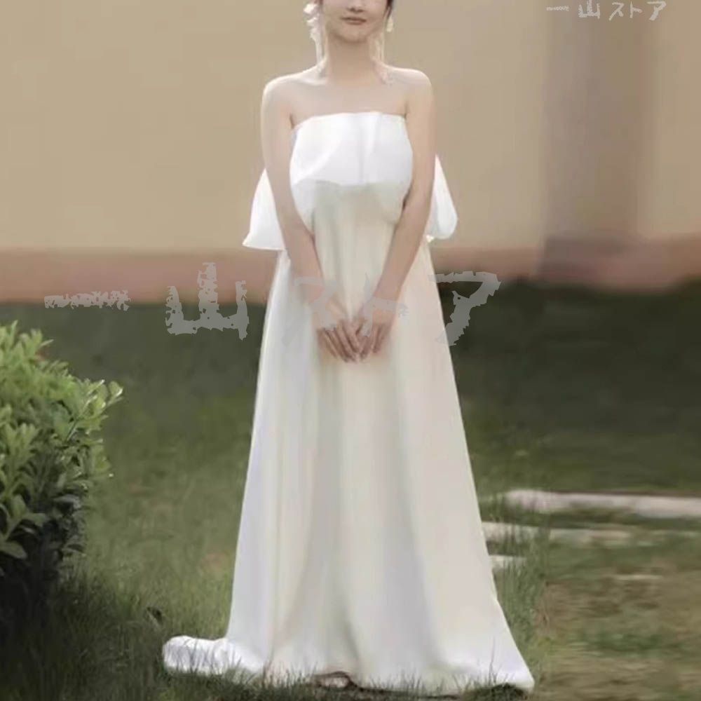 2025 ウェディングドレス ロングドレス ブライダル Aライン チューブトップ ハイウエスト かわいい オフショルダー 二次会 結婚式 前撮