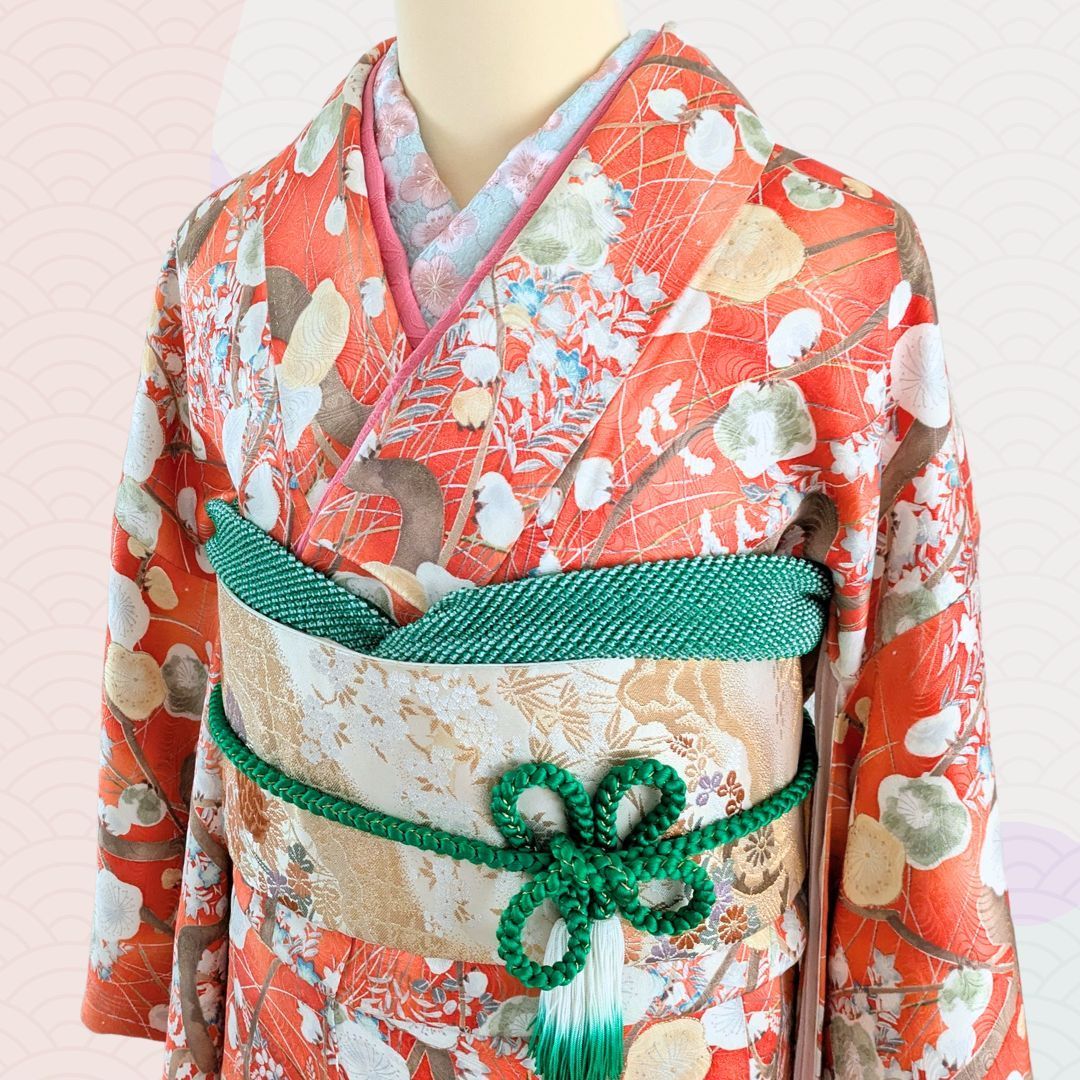 平和屋着物○小振袖 二尺袖 長襦袢セット 無双仕立て 舞花文 半衿刺繍