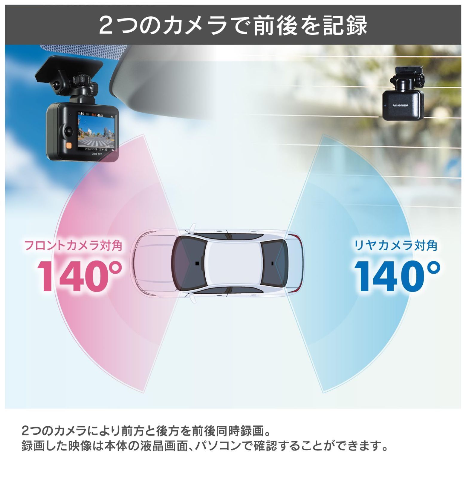 小型ドライブレコーダー　前後2カメラ 小型車載ドライブレコーダー 前後2カメラ 1080P 200万画素