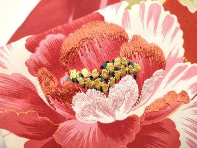 平和屋着物○アンティーク 大正ロマン 九寸名古屋帯 刺繍 扇面花文