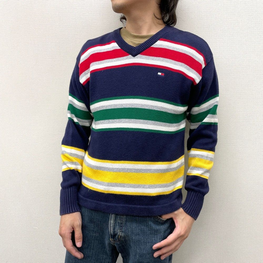 US古着 TOMMY HILFIGER コットン ニット セーター マルチボーダー柄 V