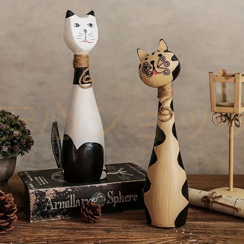 ネコ　猫　木彫　手描き　オブジェ　置物　インテリア　工芸品　美術品　A1364 ネコ 猫 木彫 手描き オブジェ 置物 インテリア 工芸品 美術品