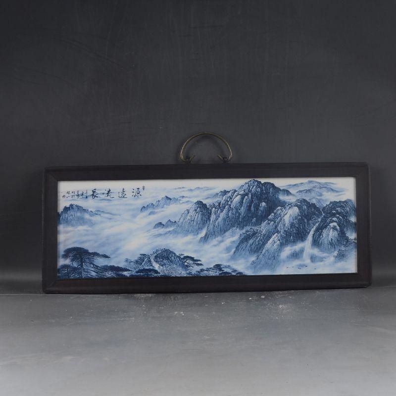 景徳鎮 青花山水紋陶板画 応接間 茶室 書斎 装飾品 工芸品 置物