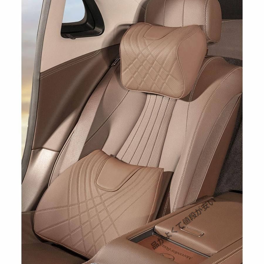 汎用ブラウンネックパッド 腰クッション 車用 背もたれクッション ネックピロー ヘッドレスト ナッパレザー 低反発 背当て 通気性 