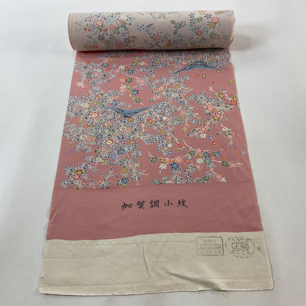 小紋 手描 ちりめん 草花 正絹 反物 小紋 手描 全体柄 ちりめん 草花 正絹 反物