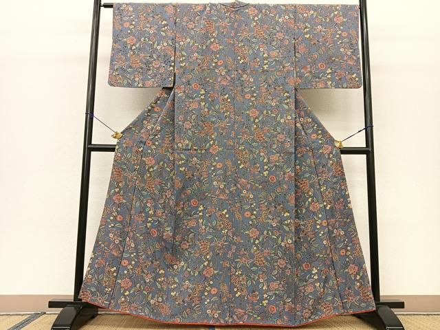 ますいわ屋扱い 上質な小紋袷着物 横段花文 金彩 鬼しぼ縮緬