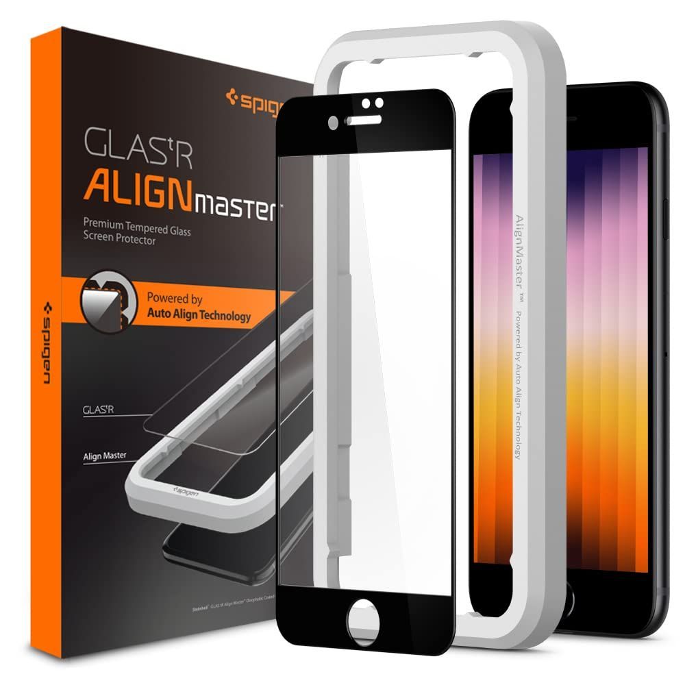 【特価セール】Spigen AlignMaster 全面保護 ガラスフィルム iPhone SE 第3世代、iPhone SE 第2世代、iPhone  8/7 用 ガイド枠付き iPhone SE3/SE2/8/7 対応 保護 フィルム フルカバー 1枚入