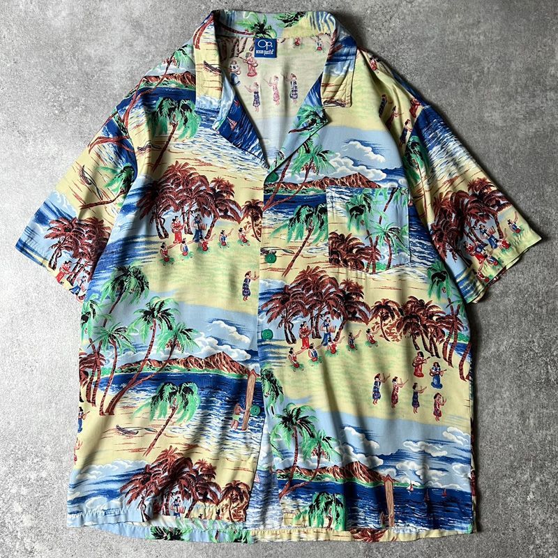 ビンテージ USA製 レーヨン アロハ オープン 総柄 シャツ 総柄プリントオープンカラーシャツ（シャツ/ブラウス