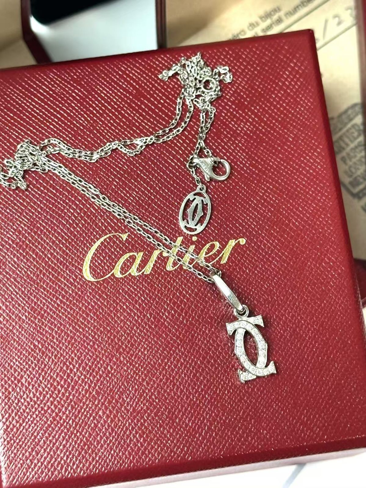 フルセット◆カルティエCartierダイヤ付き2CチァームネックレスK18WGホワイトゴールドダイヤモンドCCペンタントネックレスユニセックス男女