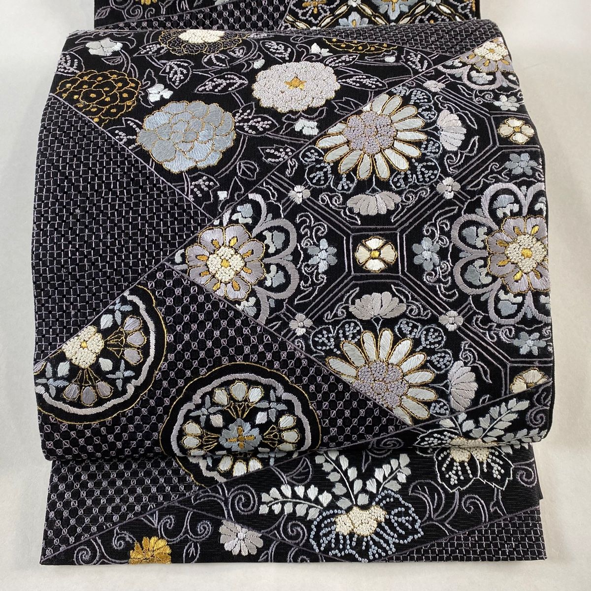 袋帯 夏帯 紗 華文 蜀江文 刺繍 金糸 黒 六通 正絹