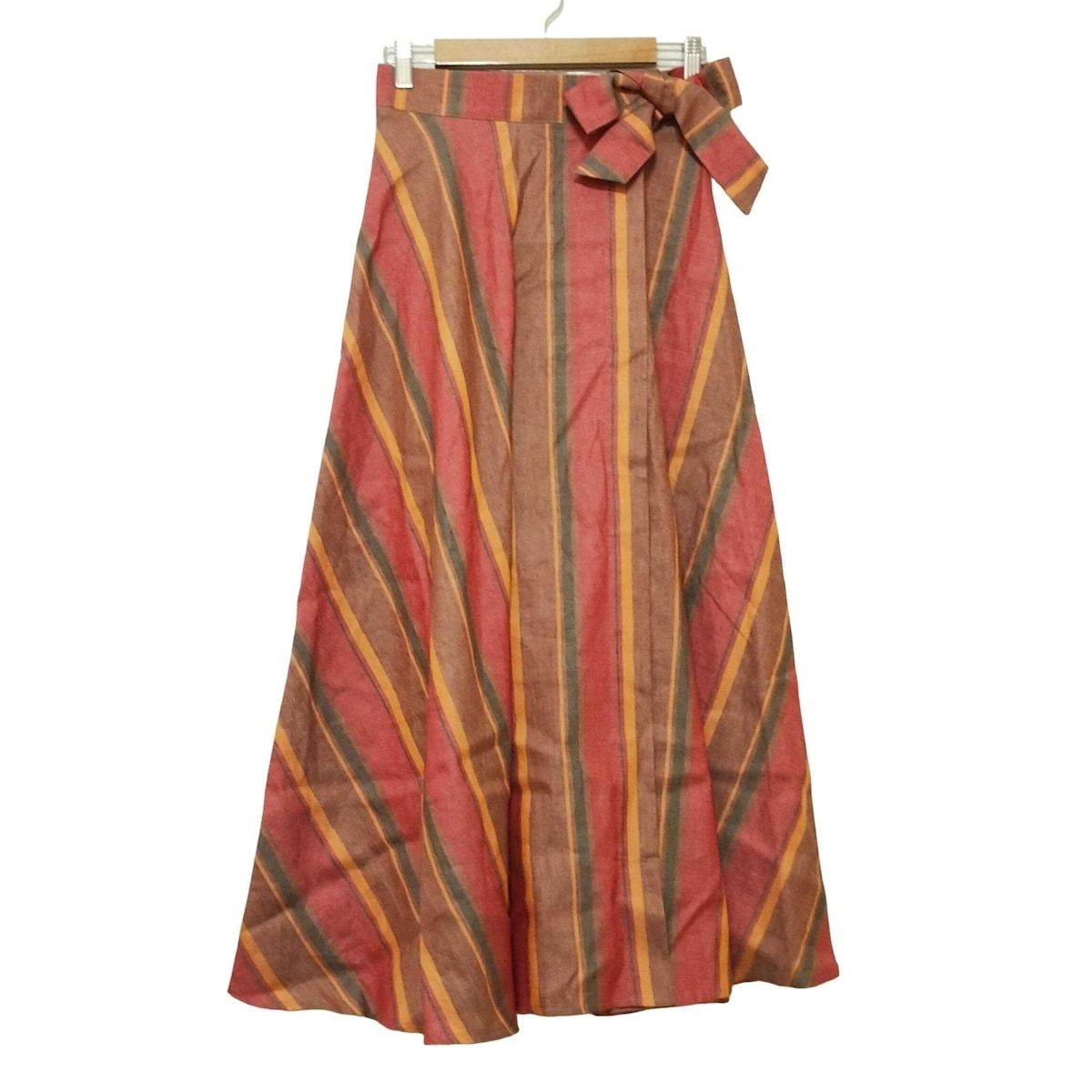O NEIL オニール 巻きスカート サイズ10 L レディース - レッド×ダークブラウン×マルチ マキシ丈 麻混 ストライプ