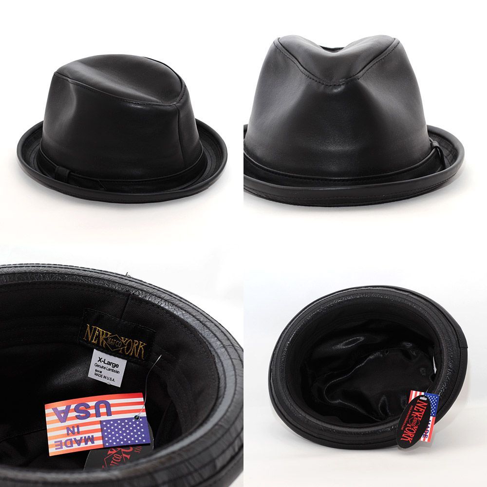【本革】ニューヨークハット　レザーポークパイハット　黒　Lサイズ 正規販売店】ニューヨークハット New York Hat 本革 レザー