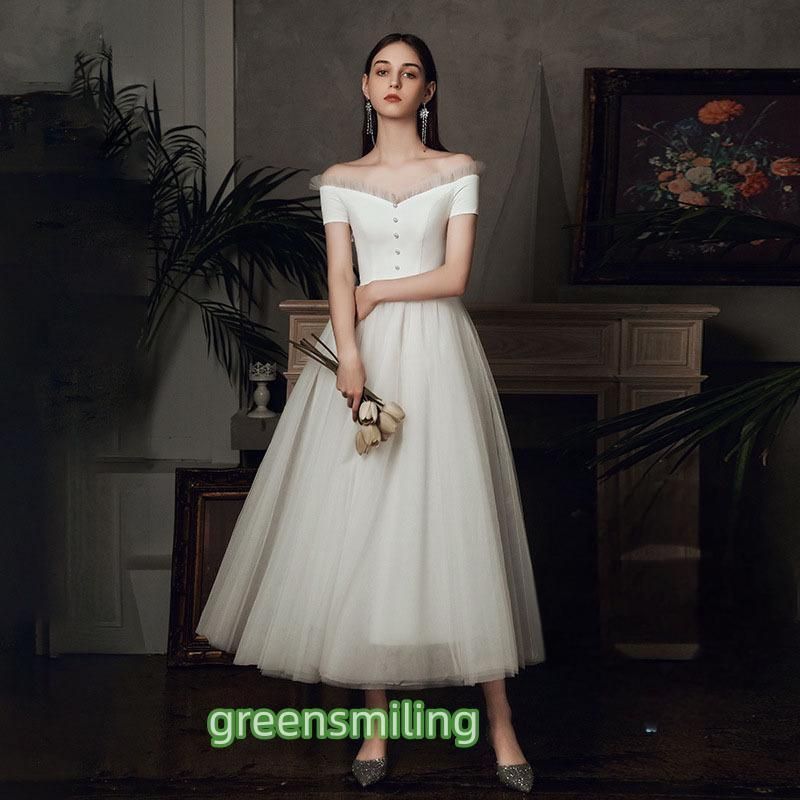 ウェディングドレス ミモレ丈 カラードレス 白 オフショルダー  