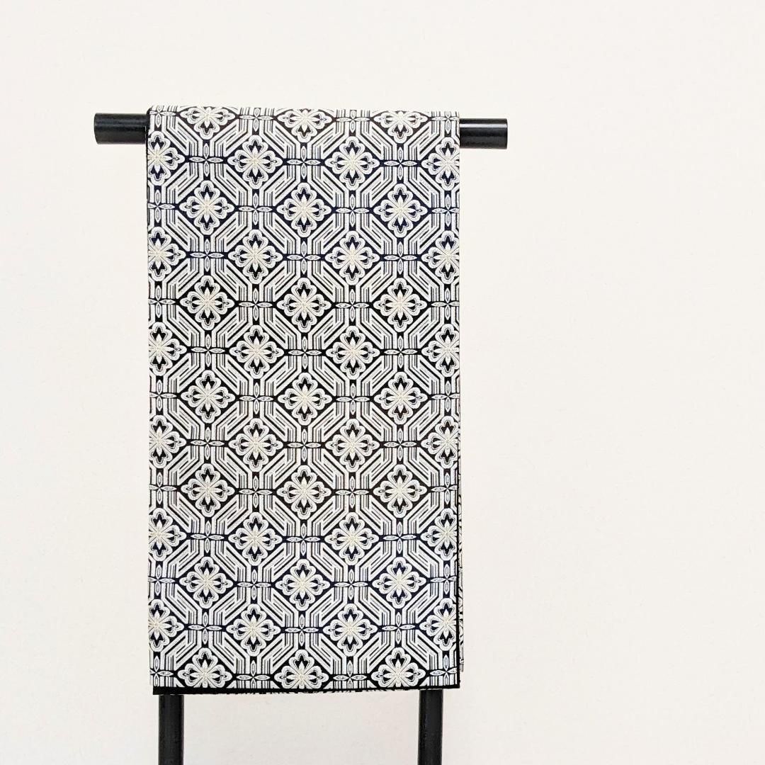 【新品・仕立て上がり】正絹 袋帯 カジュアル 幾何学 グレー 黒 b58綾袋帯