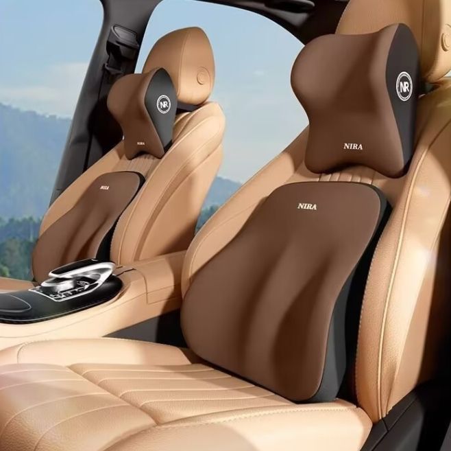 車用ヘッドレストネックガードセット ラテックス製車載腰部サポートクッション 車載腰部サポート背もたれ 腰部サポート ブラウン色