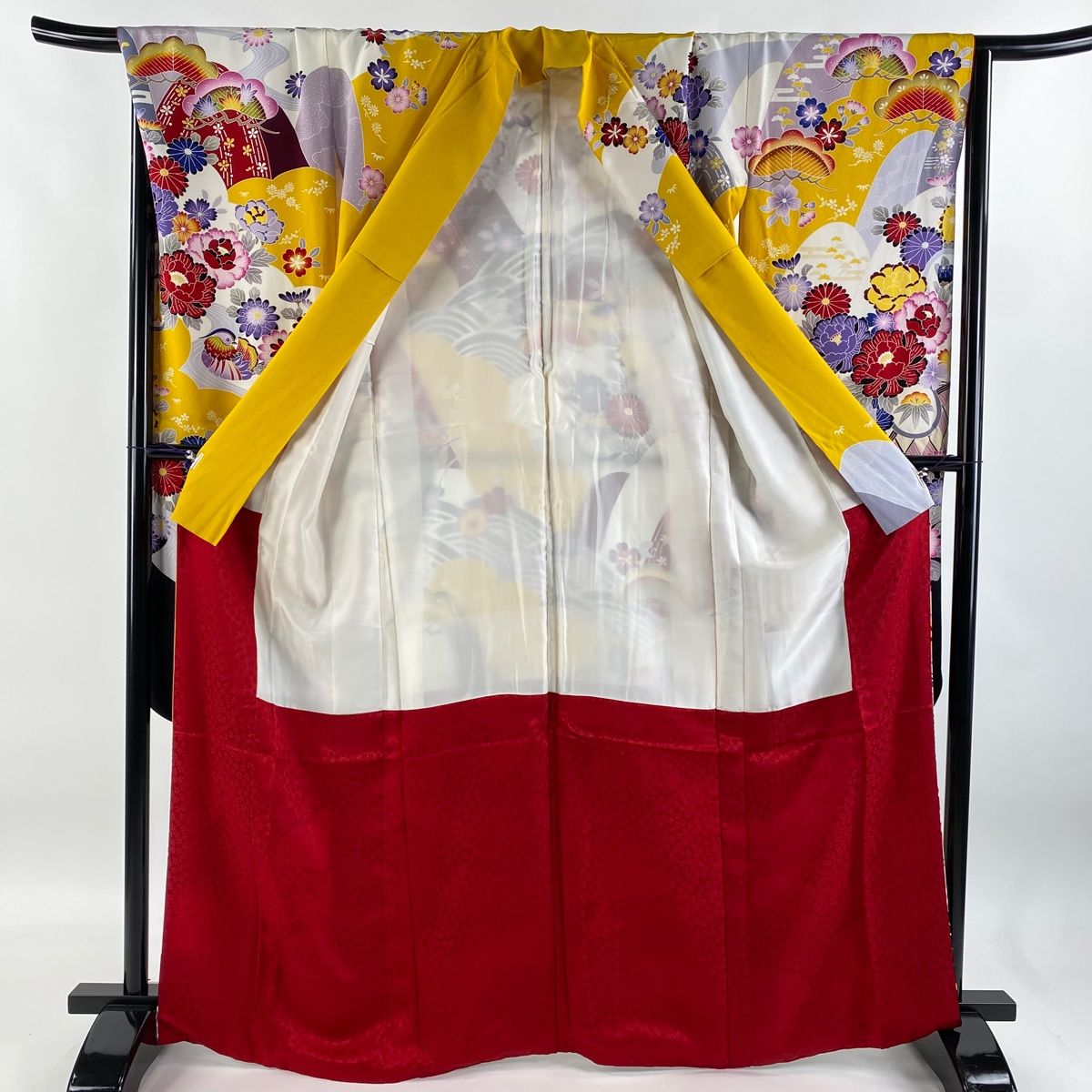 振袖 身丈166cm 裄丈68.5cm L 袷 牡丹 鴛鴦 クリーム 正絹 美品