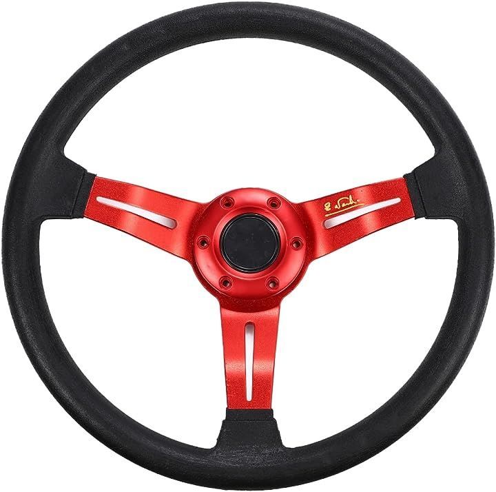 Ra1zing レザーステアリング 34φ 14in スポーツステアリング ホーン付きハンドル 340mm/14インチ ディープコーン 交換 汎用( レッド)