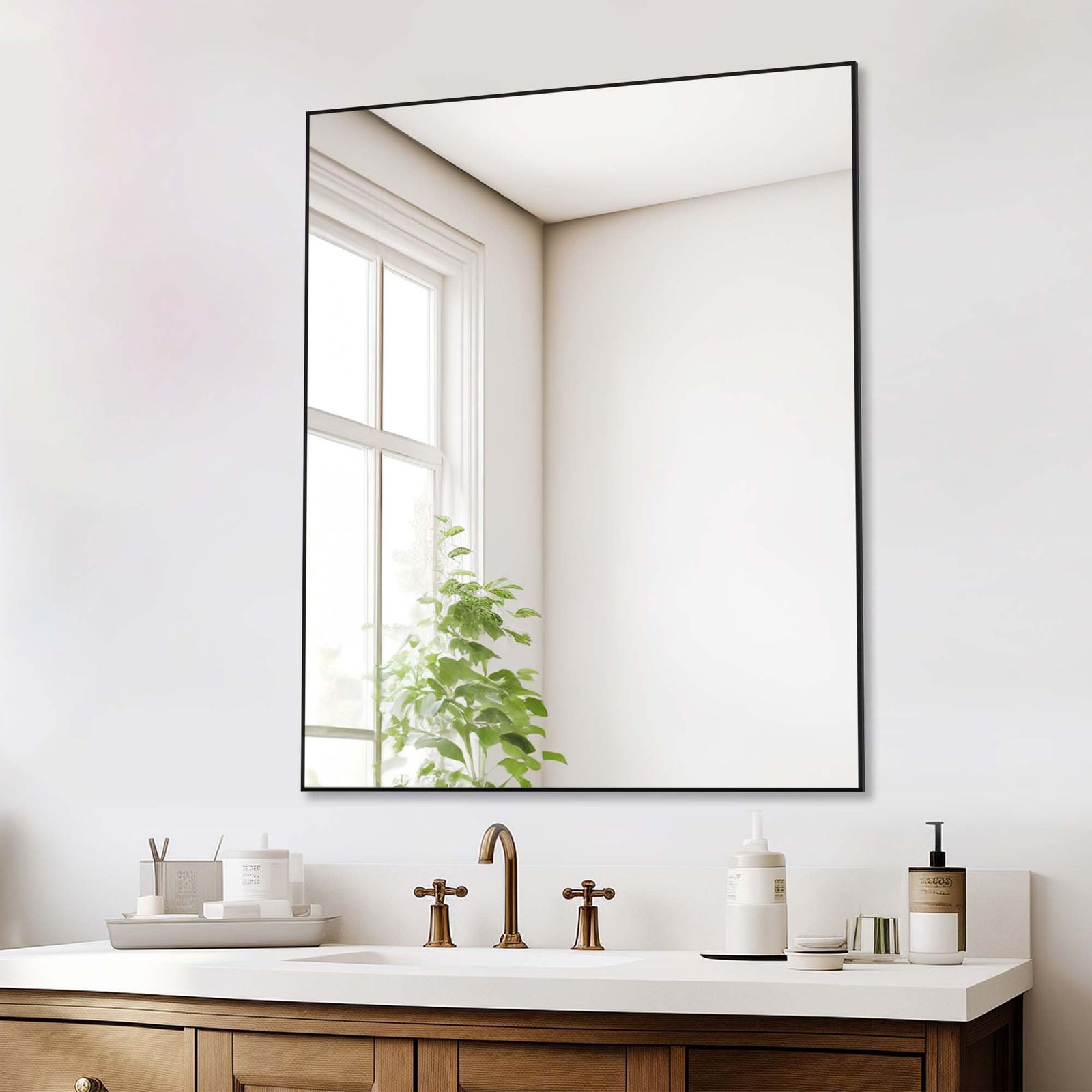 BEAUTME ウォールミラー 姿見 鏡 壁掛け ミラー おしゃれ 縦 横 吊り下げ 壁掛け鏡 浴室鏡 長方形 高精細 玄関 洗面 浴室 寝室 リビング 90.5 x 75.5cm 黒い