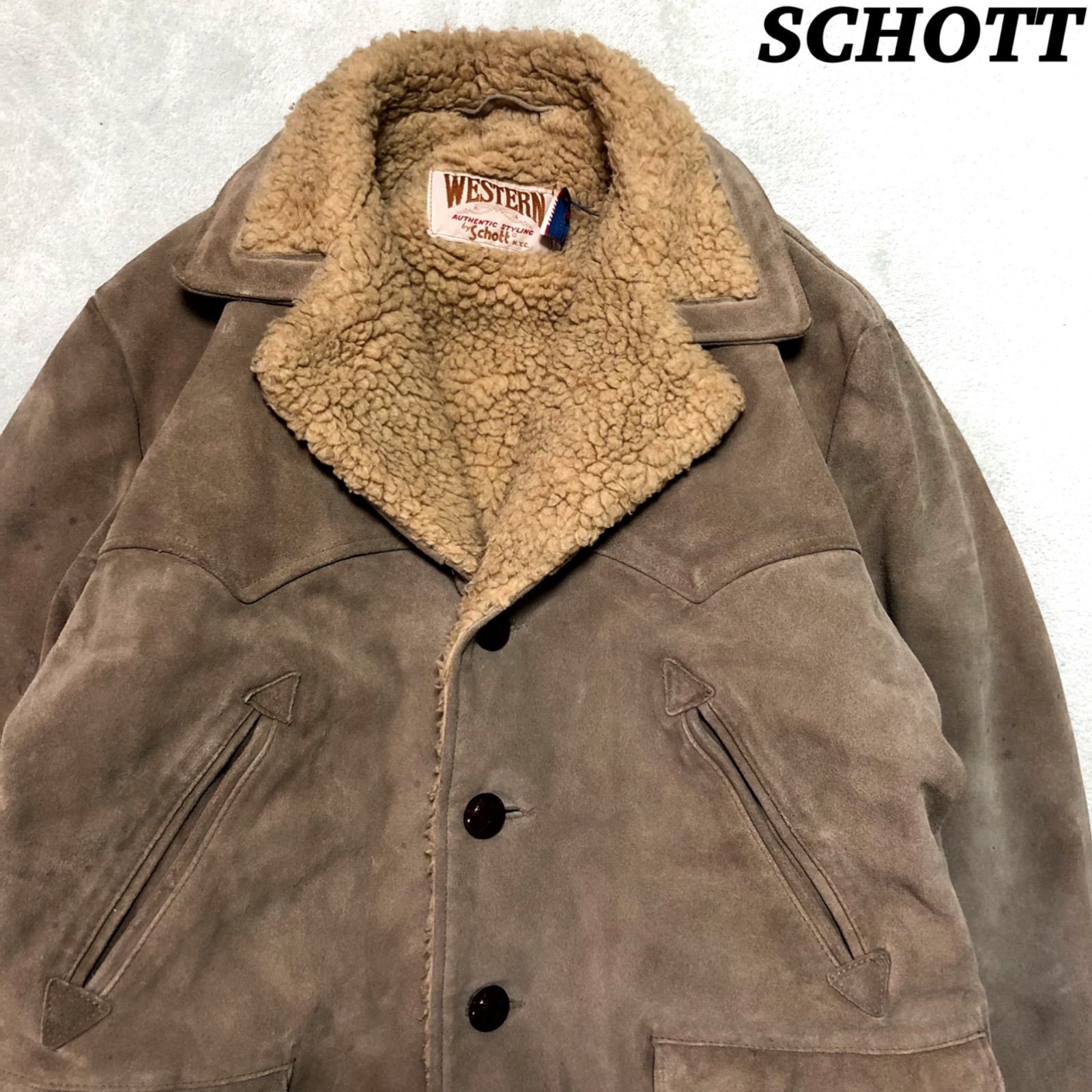 SCHOTT WESTERN USA製 ランチコート レザージャケット 裏地ボア 42サイズ アメリカ製 ウエスタンコート ランチジャケット スエード  スウェード ベージュ ショット - メルカリ